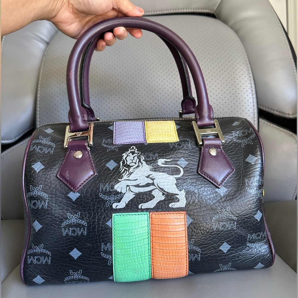 MCM Prince Lion Boston Satchel Bag, Navy Blue w/ Silver Hardware, VGUC